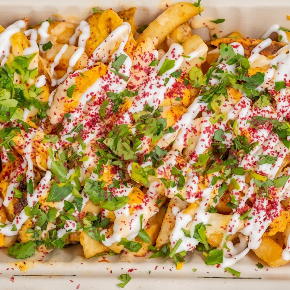 Loaded fries topped with white sauce, chopped herbs, red seasoning, and melted cheese in a rectangular serving tray.