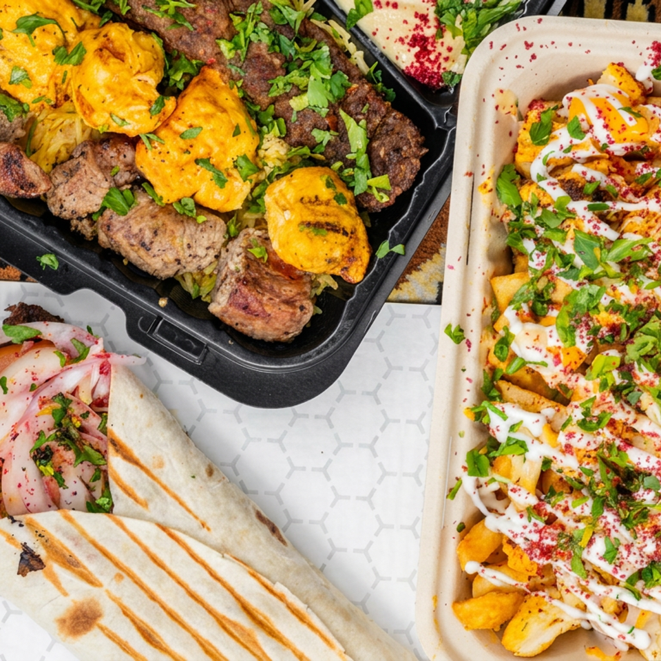Mediterranean-style meal with grilled meats, stuffed flatbread, pickled onions, and loaded fries topped with sauce and herbs.