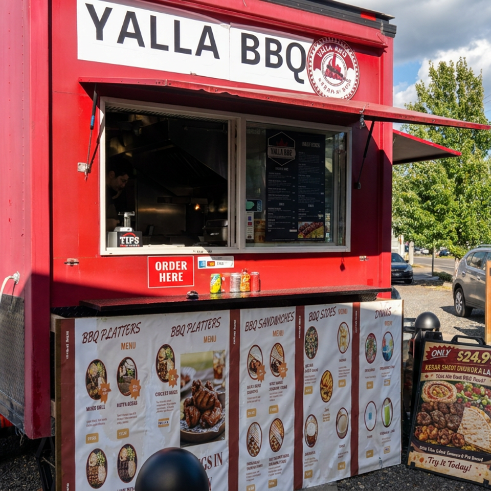 Red Yalla BBQ food truck displays barbecue menus, ordering window, outdoor sandwich board, and condiments beside a parking lot.
