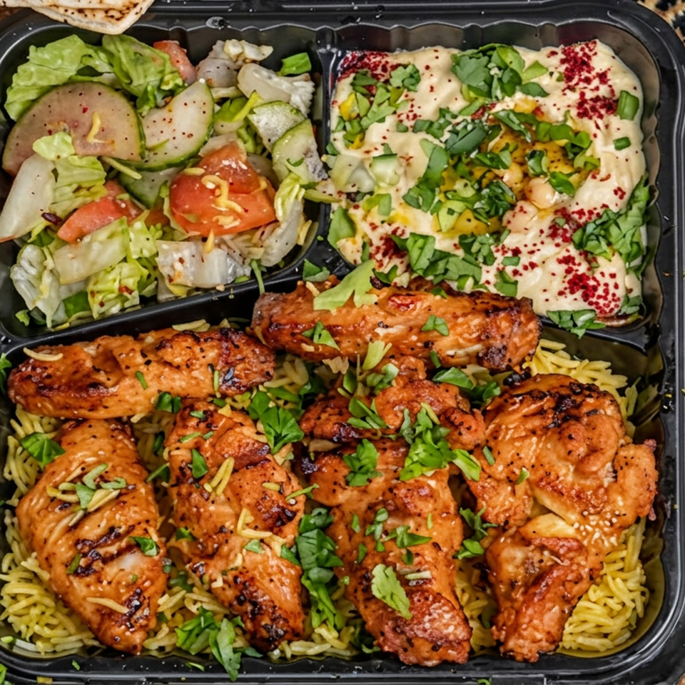 Takeout platter with grilled chicken over yellow rice, salad, hummus, and pita on a patterned rug.