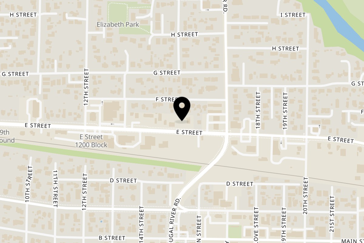 Map showing the location of Yalla BBQ on 1535 E St in Washougal